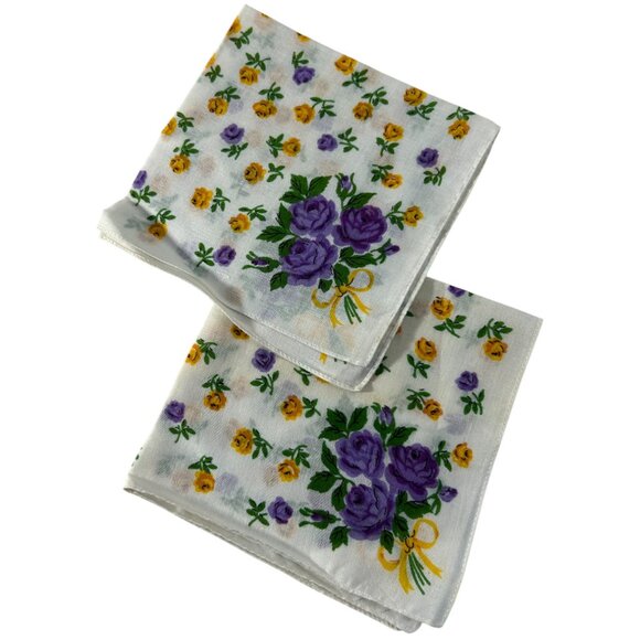 Vintage Floral Handkerchiefs Lot 2 Cotton Purple Yellow Rose Hankies I Shalom - Picture 4 of 6